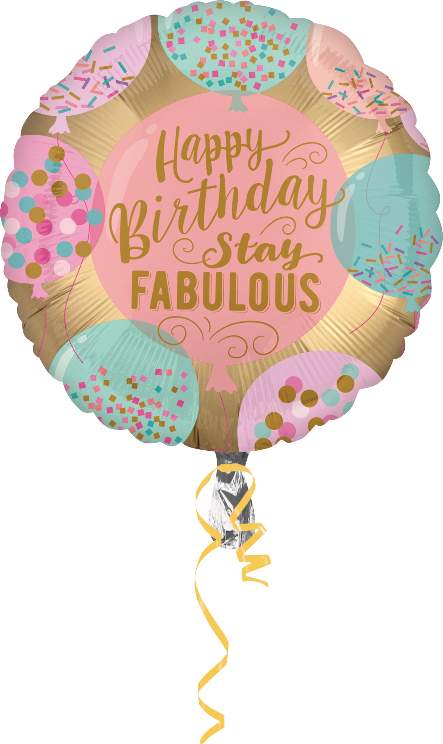 "Happy Birthday Stay Fabulous" Round Satin Foil Balloon, Gold/Pink/Blue, Confetti, 16.5-in, Helium Inflation & Ribbon Included for Birthday Party Front_Flat