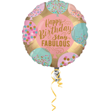 "Happy Birthday Stay Fabulous" Round Satin Foil Balloon, Gold/Pink/Blue, Confetti, 16.5-in, Helium Inflation & Ribbon Included for Birthday Party Front_Flat