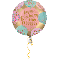 Ballon en aluminium satiné rond Happy Birthday Stay Fabulous, or/rose/bleu, confettis, 16,5 po, ruban et gonflage hélium/bleu compris, pour fête d'anniversaire Front_Flat