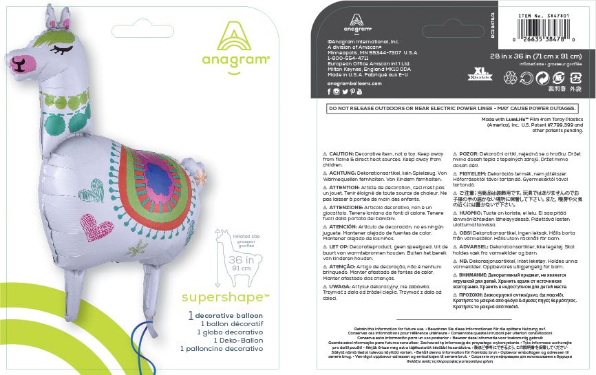 Llama Satin Foil Balloon, White, 41-in, Helium Inflation & Ribbon Included for Birthday Party Composite_or_Mixed