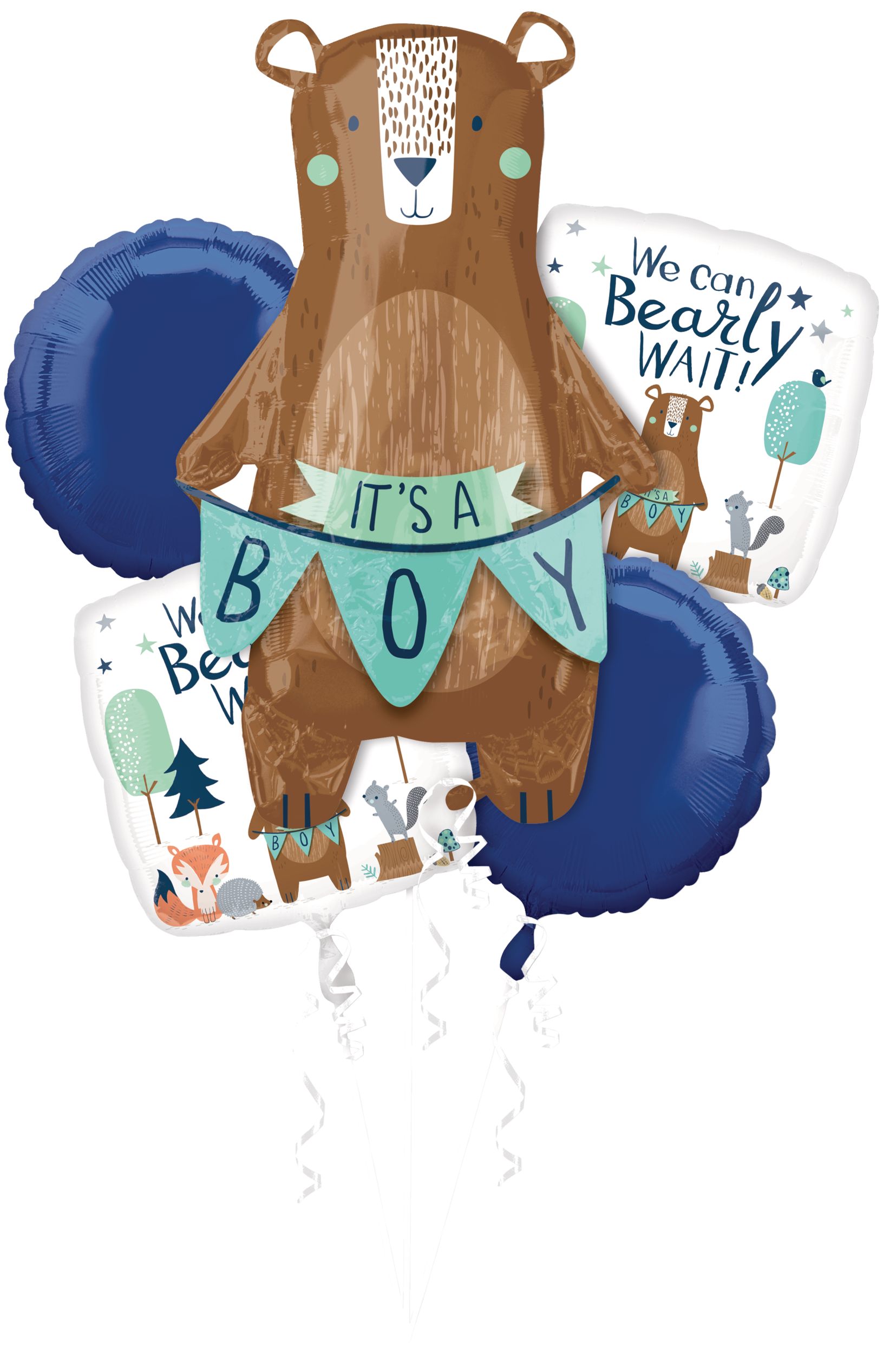 It's a Boy Bear Foil Balloon Bouquet for Baby Shower/New Baby, Helium Inflation Included, 5-pc Front_Flat