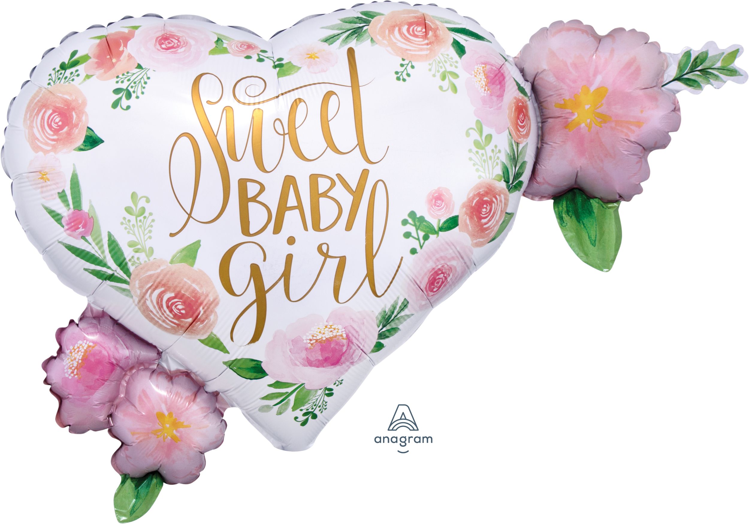 Floral Baby "Sweet Baby Girl" Heart Satin Foil Balloon, White/Pink, Floral, 27-in, Helium Inflation & Ribbon Included for Baby Shower Front_Flat