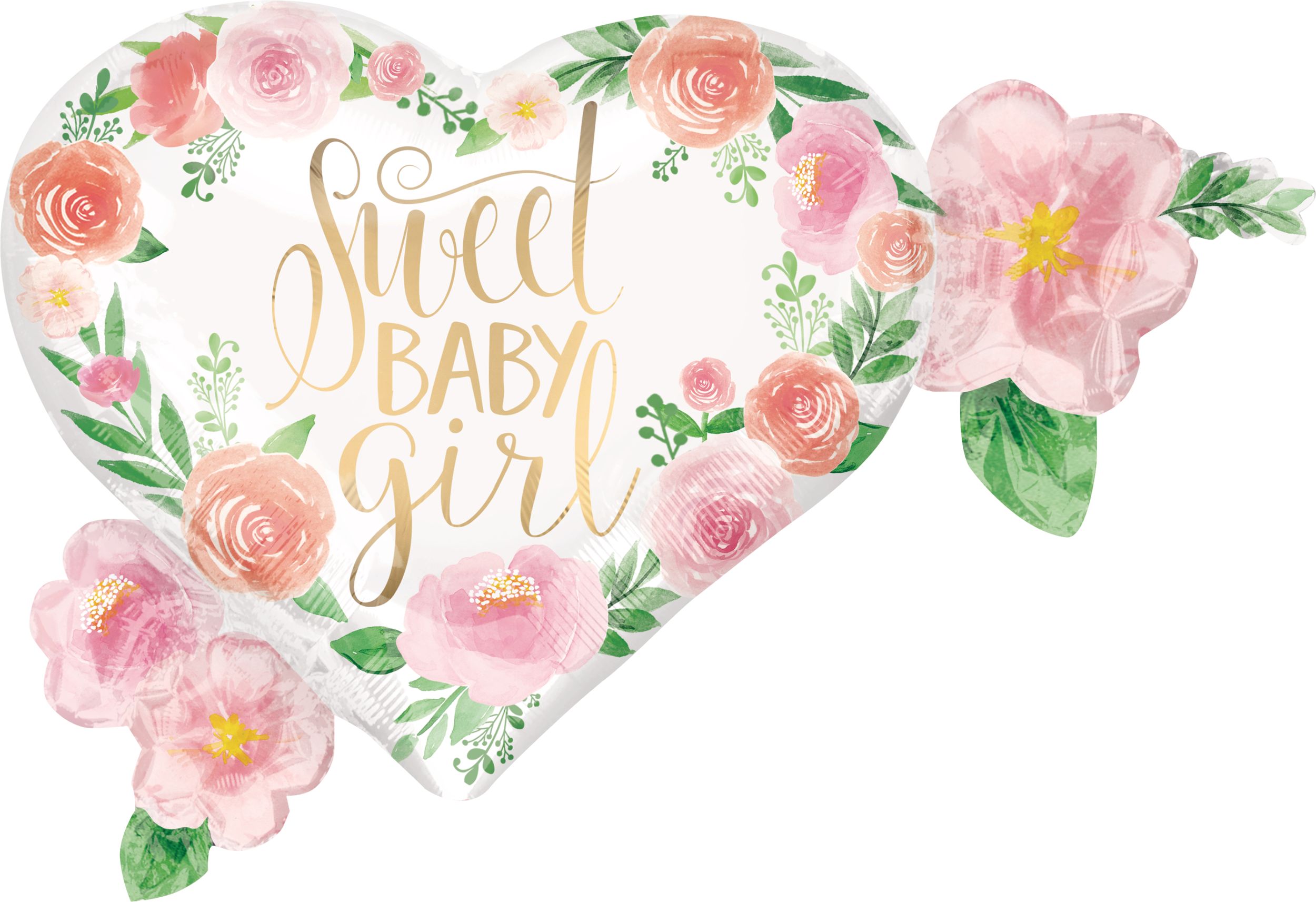 Floral Baby "Sweet Baby Girl" Heart Satin Foil Balloon, White/Pink, Floral, 27-in, Helium Inflation & Ribbon Included for Baby Shower Front_Flat