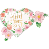 Floral Baby "Sweet Baby Girl" Heart Satin Foil Balloon, White/Pink, Floral, 27-in, Helium Inflation & Ribbon Included for Baby Shower Front_Flat