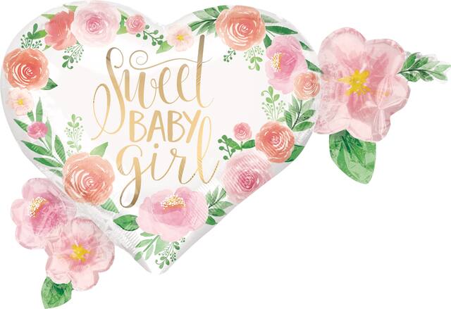 Floral Baby "Sweet Baby Girl" Heart Satin Foil Balloon, White/Pink, Floral, 27-in, Helium Inflation & Ribbon Included for Baby Shower Front_Flat