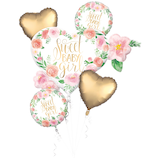 Floral Baby "Sweet Baby Girl" Heart Satin Foil Balloon Bouquet, Pink/White/Gold, Floral, 5-pk, Helium Inflation & Ribbon Included for Baby Shower Front_Flat