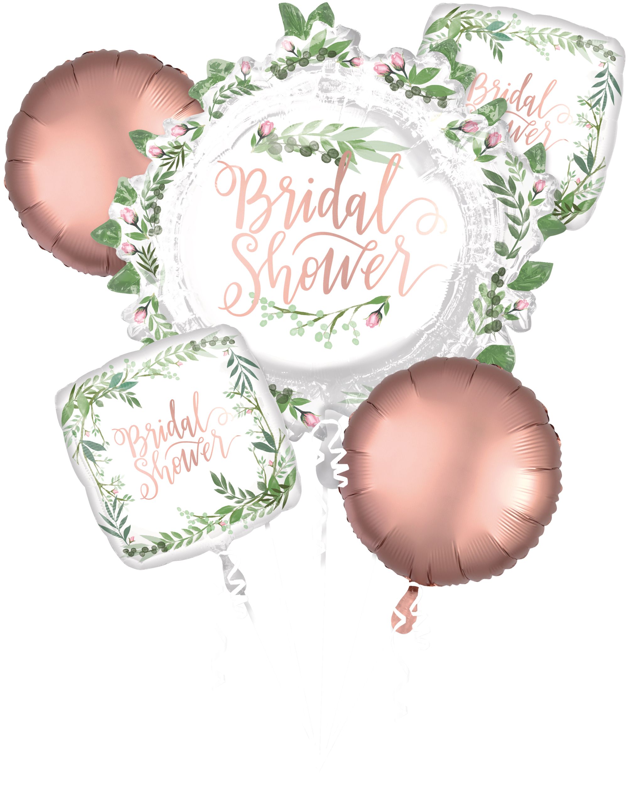 Love & Leaves "Bridal Shower" Square Satin Foil Balloon Bouquet, White/Rose Gold, 5-pk, Helium Inflation & Ribbon Included for Wedding/Bridal Shower Front_Flat