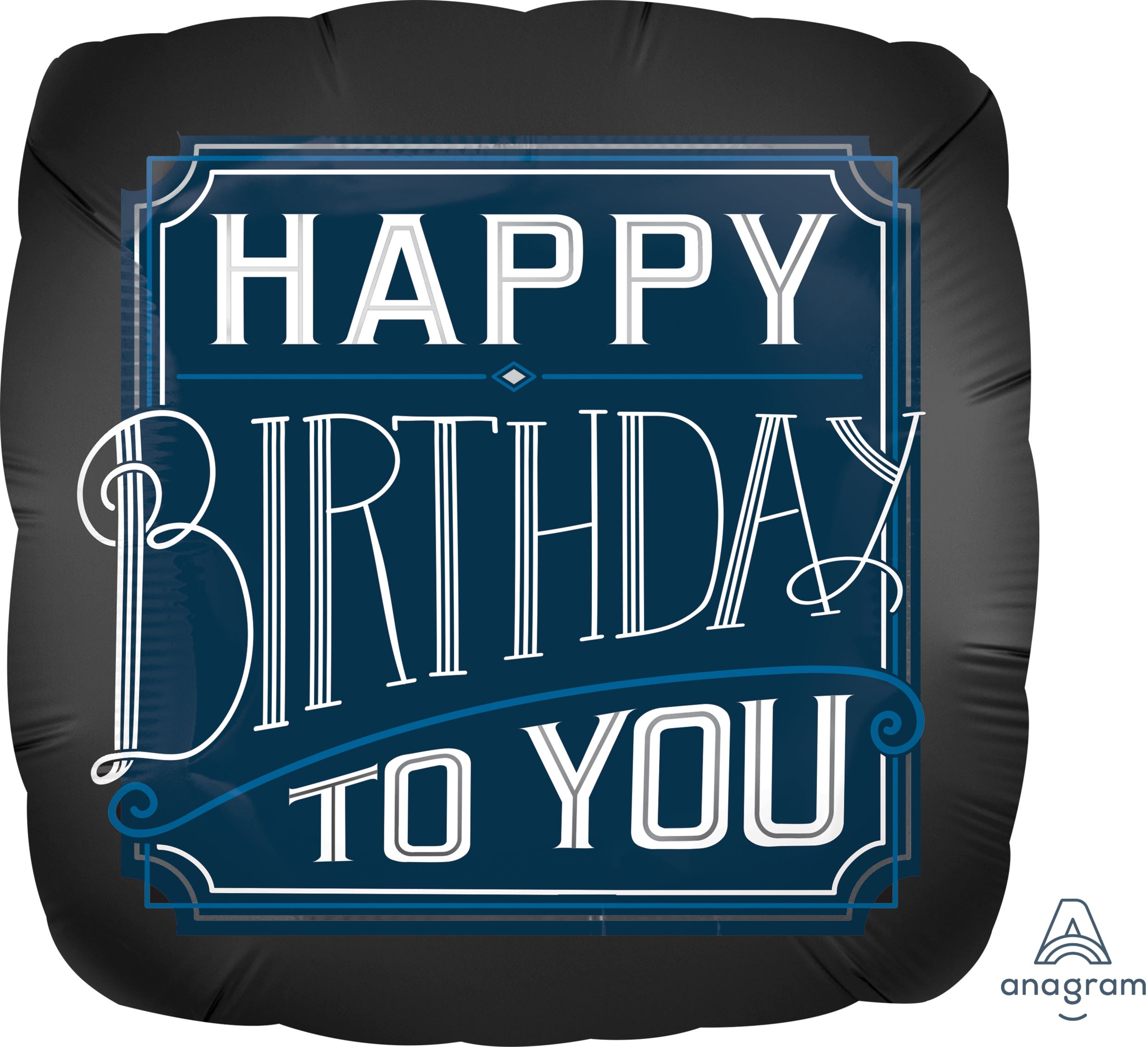 Vintage Birthday "Happy Birthday To You" Square Satin Foil Balloon, Navy Blue/Black, 18-in, Helium Inflation & Ribbon Included for Birthday Party Front_Flat