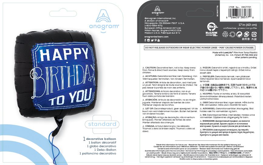 Vintage Birthday "Happy Birthday To You" Square Satin Foil Balloon, Navy Blue/Black, 18-in, Helium Inflation & Ribbon Included for Birthday Party Composite_or_Mixed