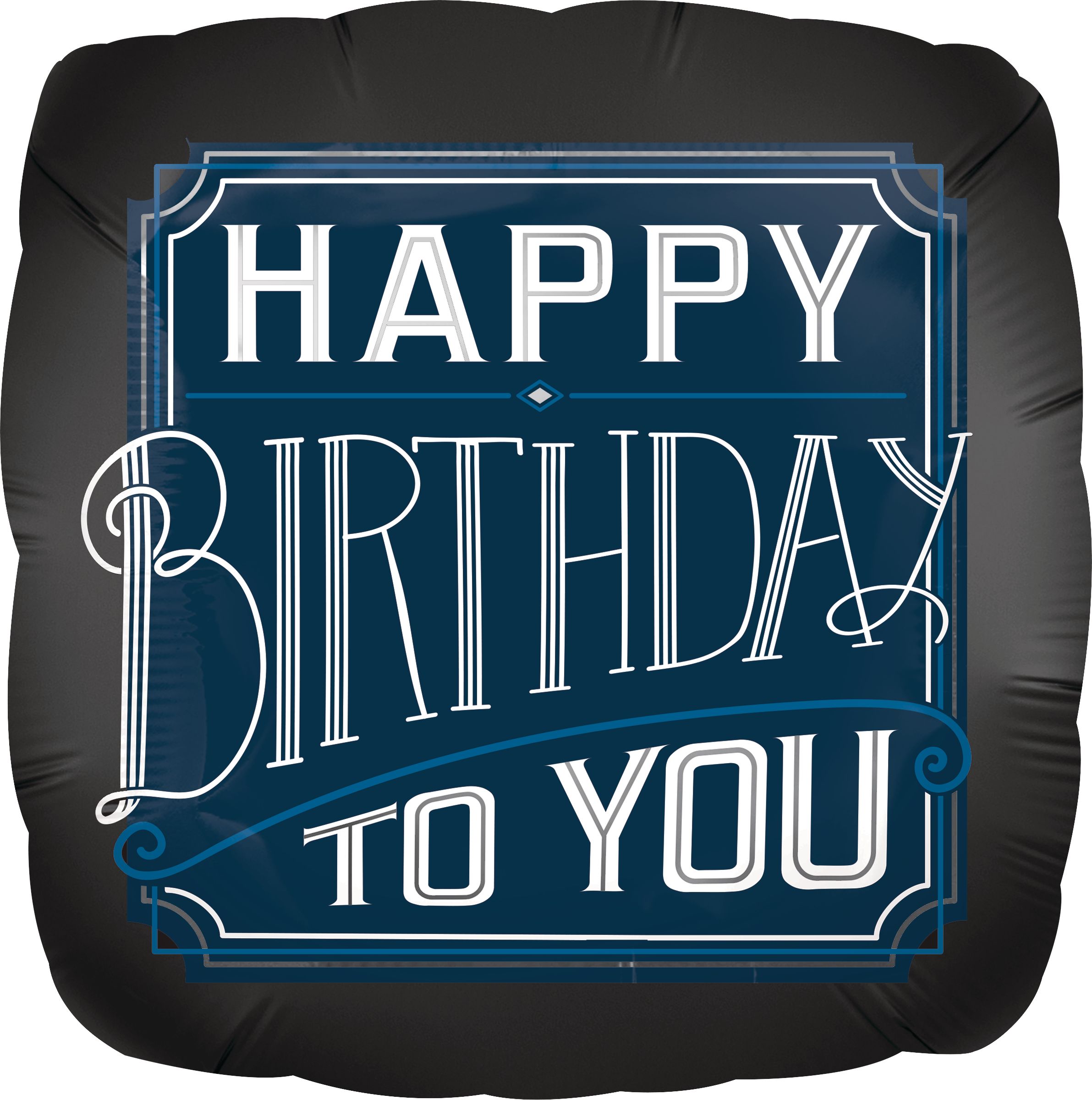 Vintage Birthday "Happy Birthday To You" Square Satin Foil Balloon, Navy Blue/Black, 18-in, Helium Inflation & Ribbon Included for Birthday Party Front_Flat