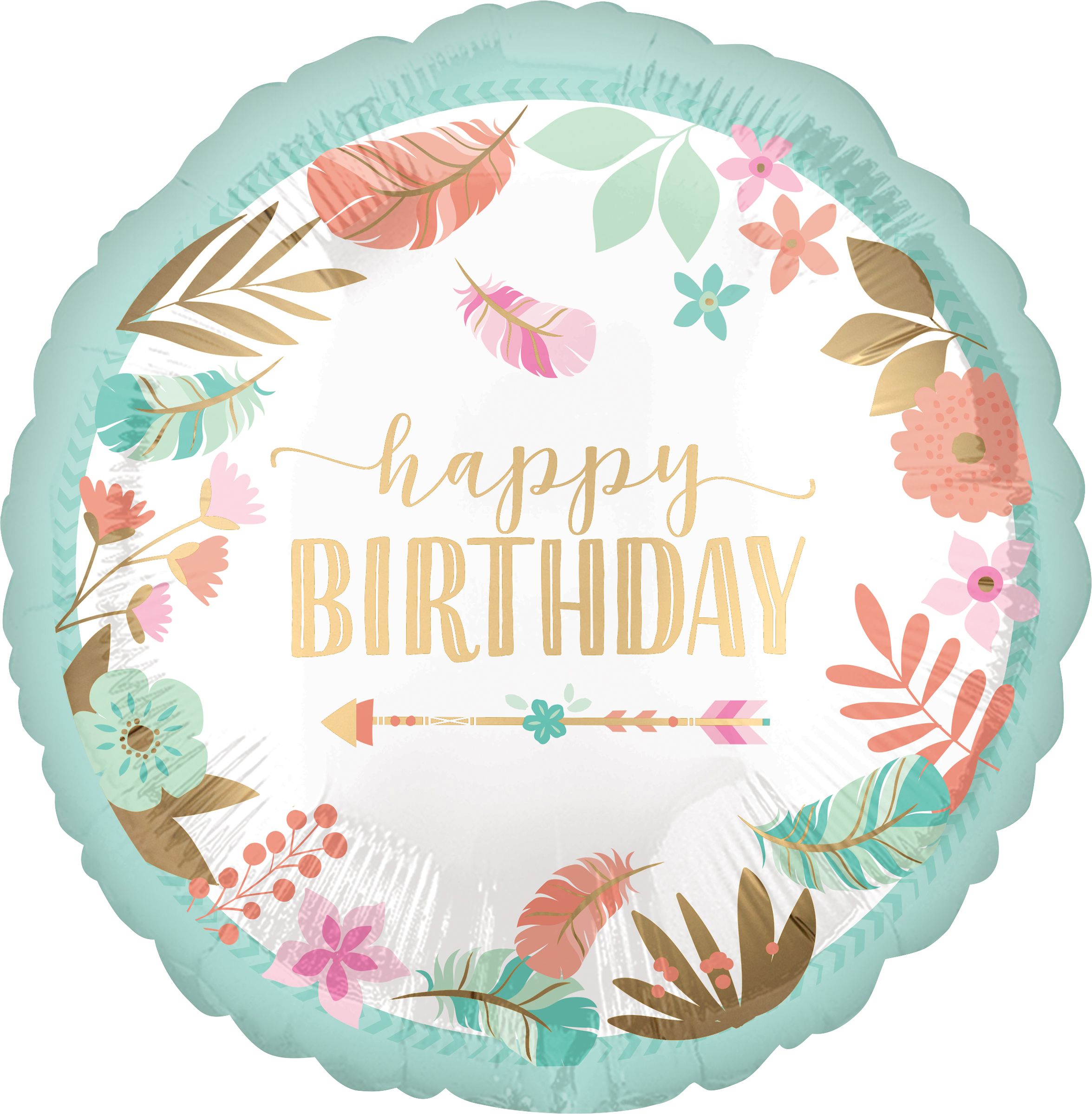 Boho Birthday "Happy Birthday" Round Satin Foil Balloon, White/Blue, 17-in, Helium Inflation & Ribbon Included for Birthday Party Front_Flat