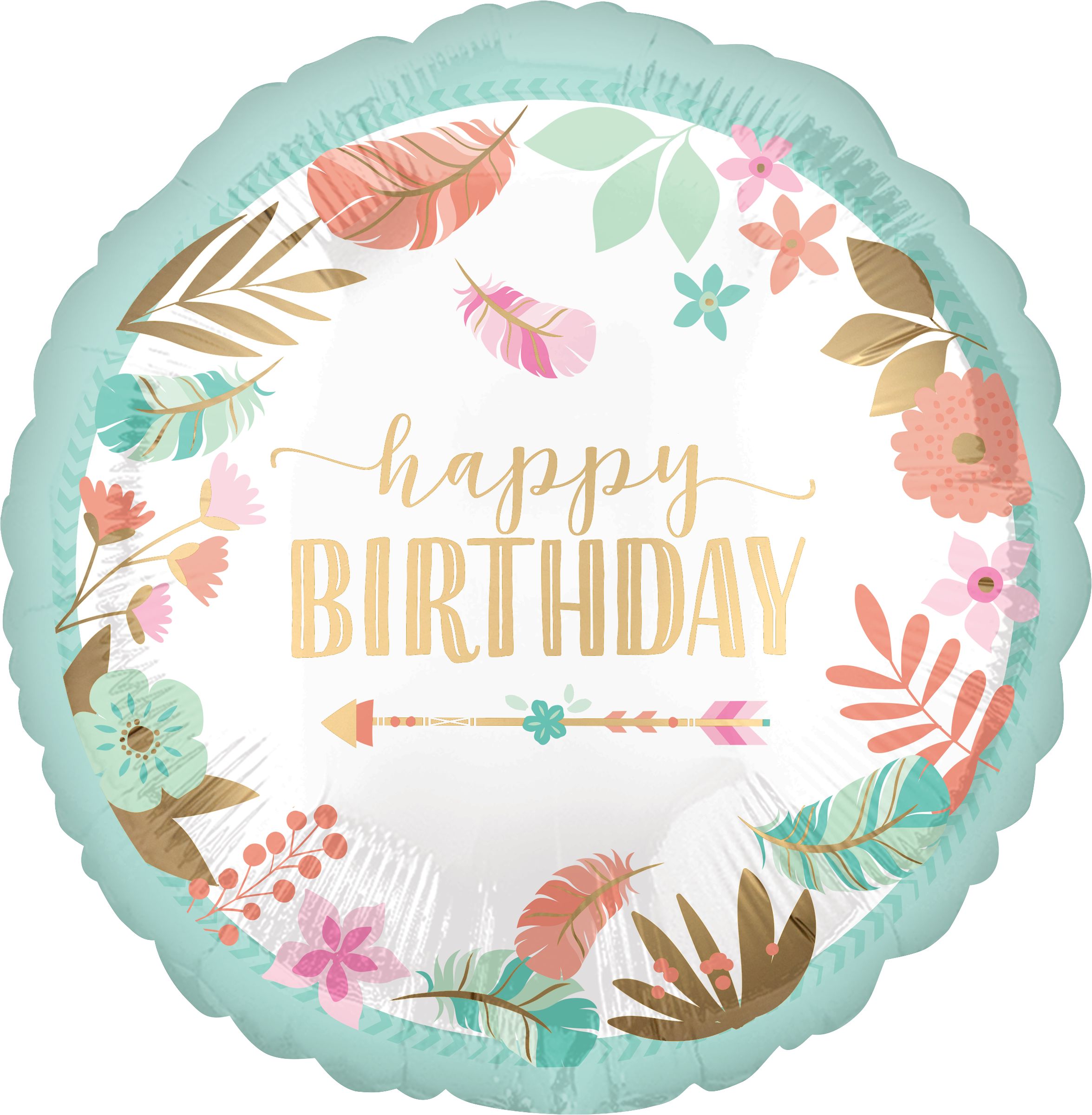 Boho Birthday "Happy Birthday" Round Satin Foil Balloon, White/Blue, 17-in, Helium Inflation & Ribbon Included for Birthday Party Front_Flat