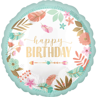 Boho Birthday "Happy Birthday" Round Satin Foil Balloon, White/Blue, 17-in, Helium Inflation & Ribbon Included for Birthday Party Front_Flat