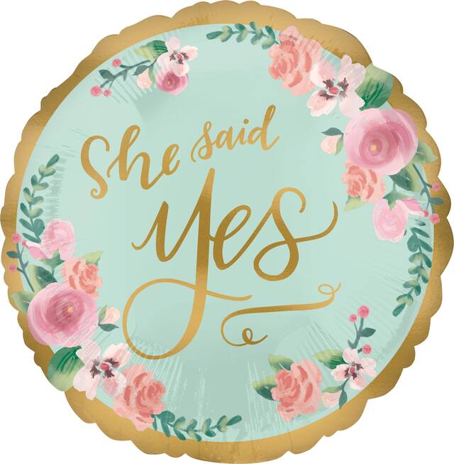Mint to Be "She Said Yes" Round Satin Foil Balloon, Mint Green/Gold, Floral, 17-in, Helium Inflation & Ribbon Included for Wedding/Engagement Front_Flat