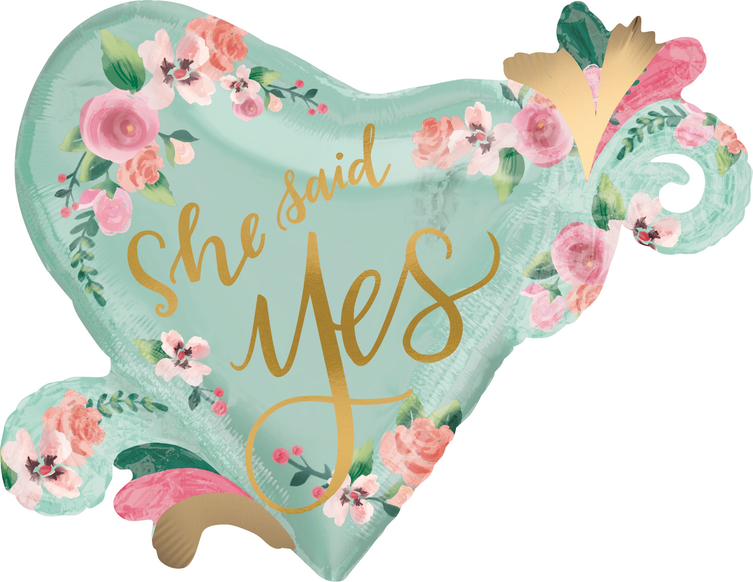 Mint to Be "She Said Yes" Heart Satin Foil Balloon, Mint Green, Floral, 26-in, Helium Inflation & Ribbon Included for Wedding/Engagement Front_Flat