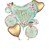 Mint to Be "From Miss to Mrs" Heart Satin Foil Balloon Bouquet, Mint/Gold, Floral, 5-pk, Helium Inflation & Ribbon Included for Wedding/Engagement Front_Flat