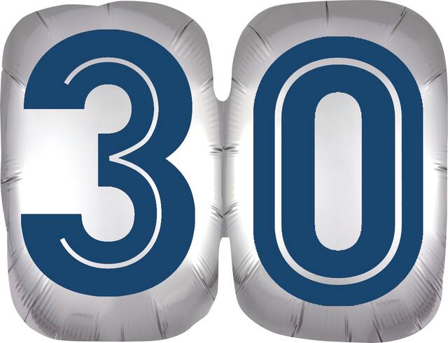 Ballon en aluminium satiné rond anniversaire rétro 30, argent/bleu, 25 po, gonflement à l'hélium et ruban inclus, pour fête d'anniversaire Front_Flat