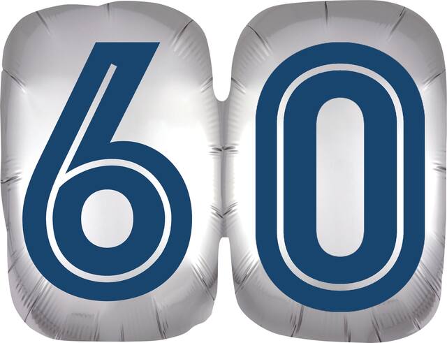 Vintage Birthday "60" Round Satin Foil Balloon, Silver/Blue, 25-in, Helium Inflation & Ribbon Included for Birthday Party Front_Flat