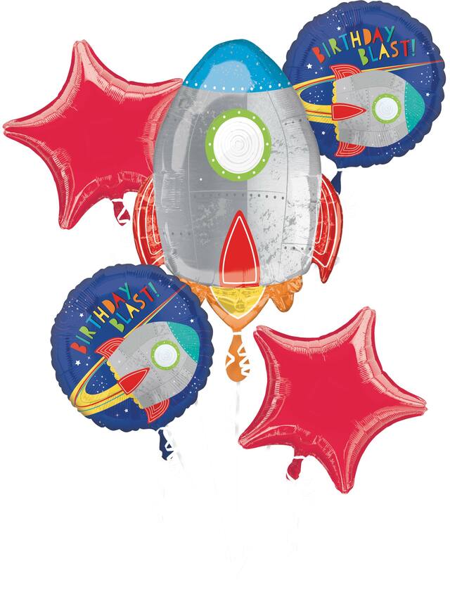 Blast Off "Birthday Blast" Rocket Ship/Star  Satin Foil Balloon Bouquet, Silver/Blue/Red, 5-pk, Helium Inflation & Ribbon Included for Birthday Party Front_Flat