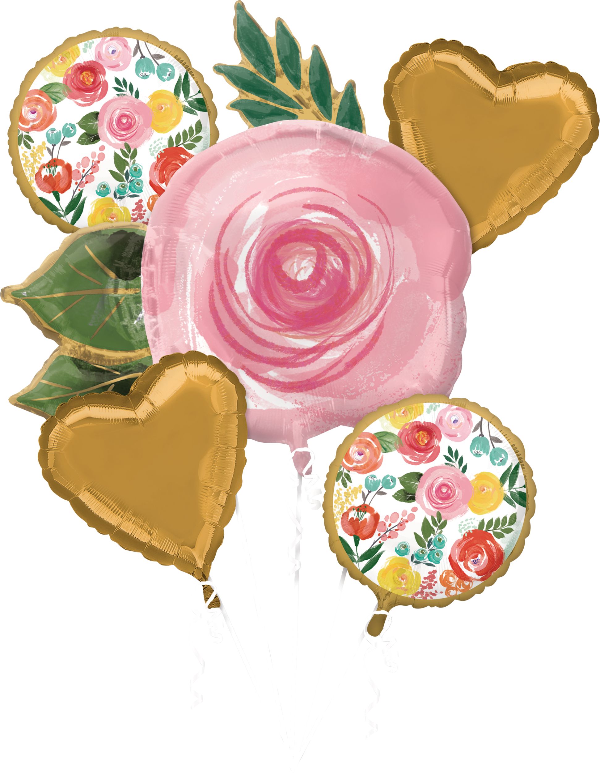 Bouquet de ballons en aluminium satiné rose/coeurs, rose/or, floral, paq. 5, gonflement à l'hélium et ruban inclus, pour fête prénuptiale/fête prénatale/fête des Mères Front_Flat