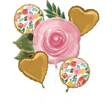 Rose/Hearts Satin Foil Balloon Bouquet, Pink/Gold, Floral, 5-pk, Helium Inflation & Ribbon Included for Bridal Shower/Baby Shower/Mother's Day Front_Flat