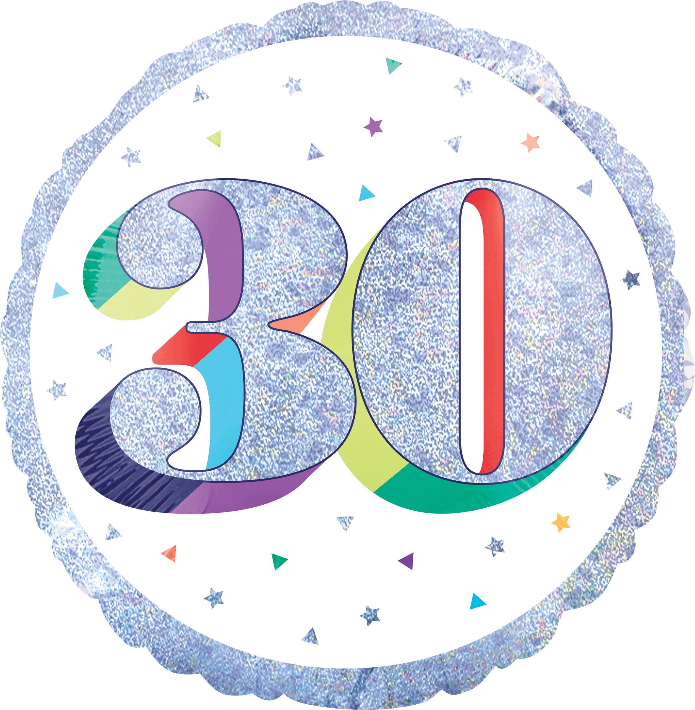 Prismatic Rainbow "30" Round Satin Foil Balloon, White/Silver, 18-in, Helium Inflation & Ribbon Included for Birthday Party