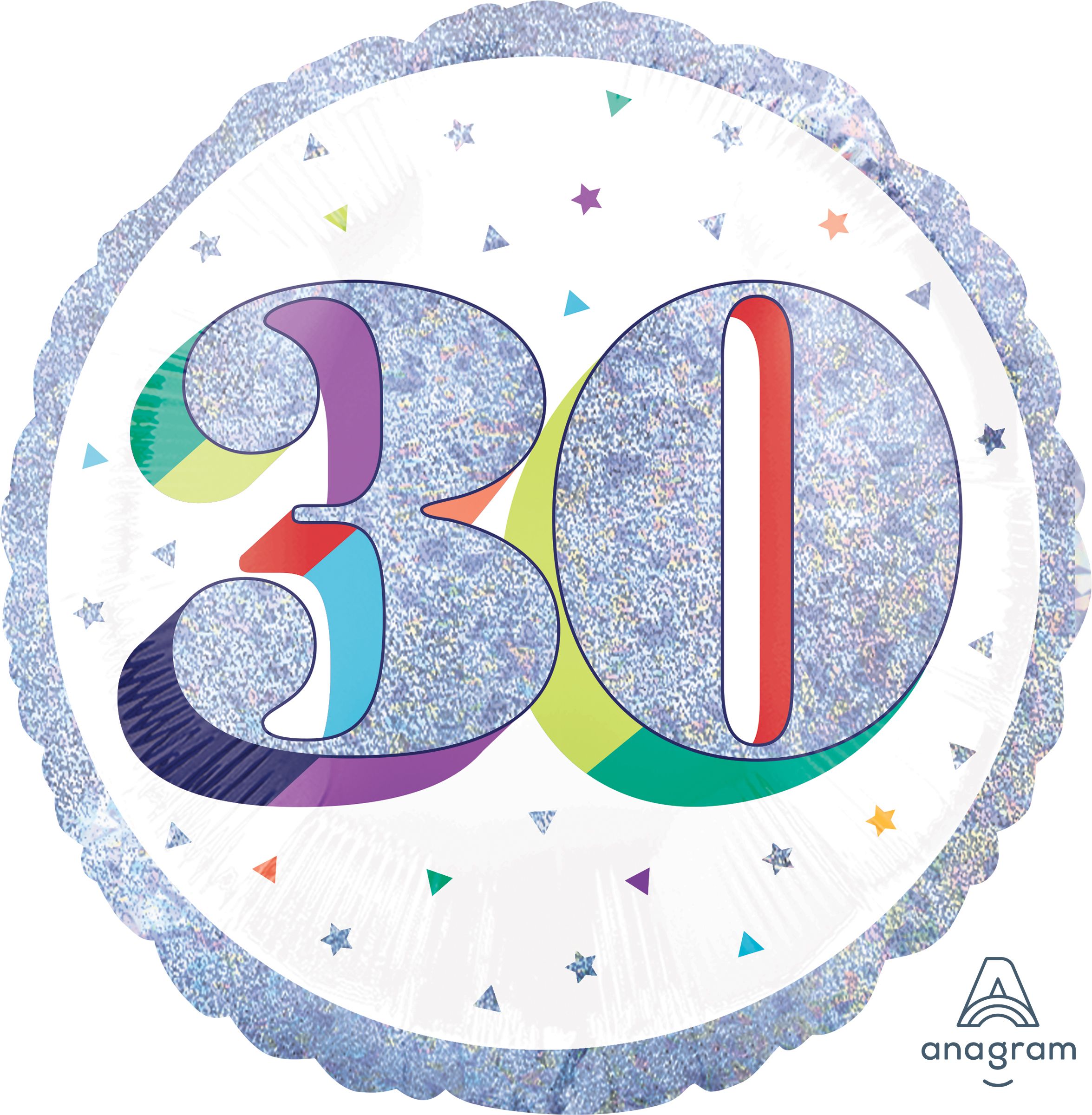 Prismatic Rainbow "30" Round Satin Foil Balloon, White/Silver, 18-in, Helium Inflation & Ribbon Included for Birthday Party Front_Flat