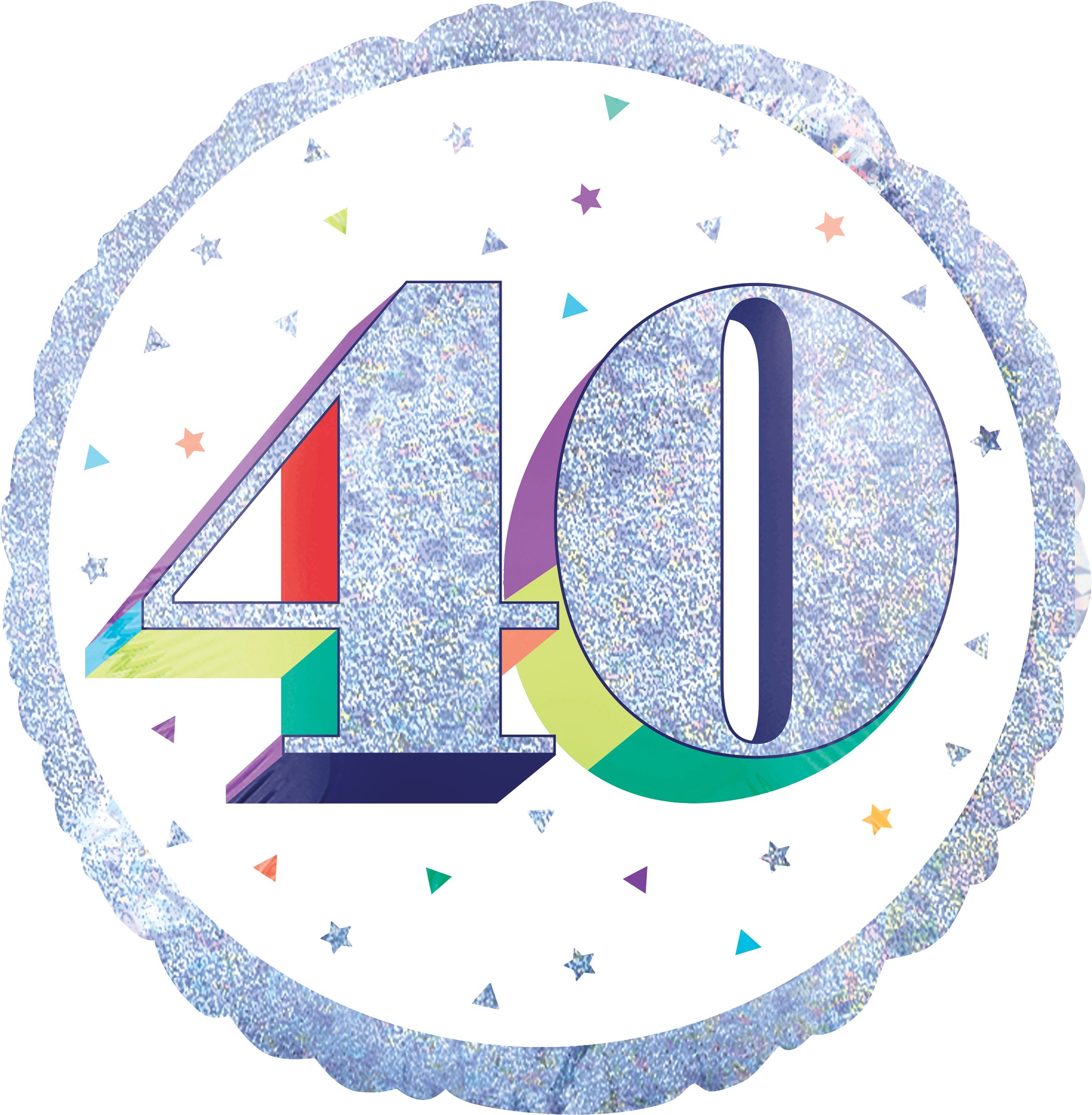 Prismatic Rainbow "40" Round Satin Foil Balloon, White/Silver, 18-in, Helium Inflation & Ribbon Included for Birthday Party Front_Flat