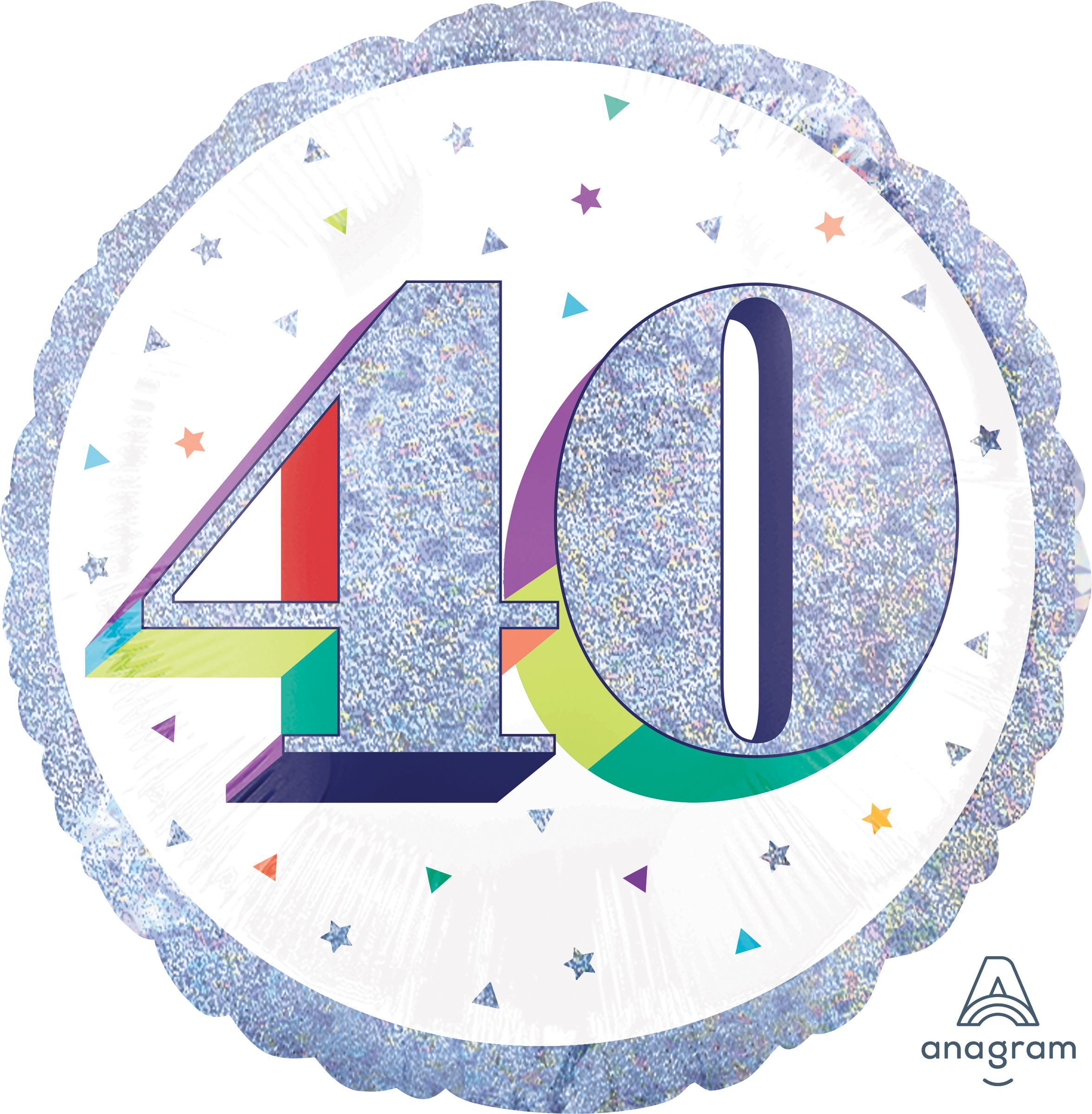 Prismatic Rainbow "40" Round Satin Foil Balloon, White/Silver, 18-in, Helium Inflation & Ribbon Included for Birthday Party Front_Flat