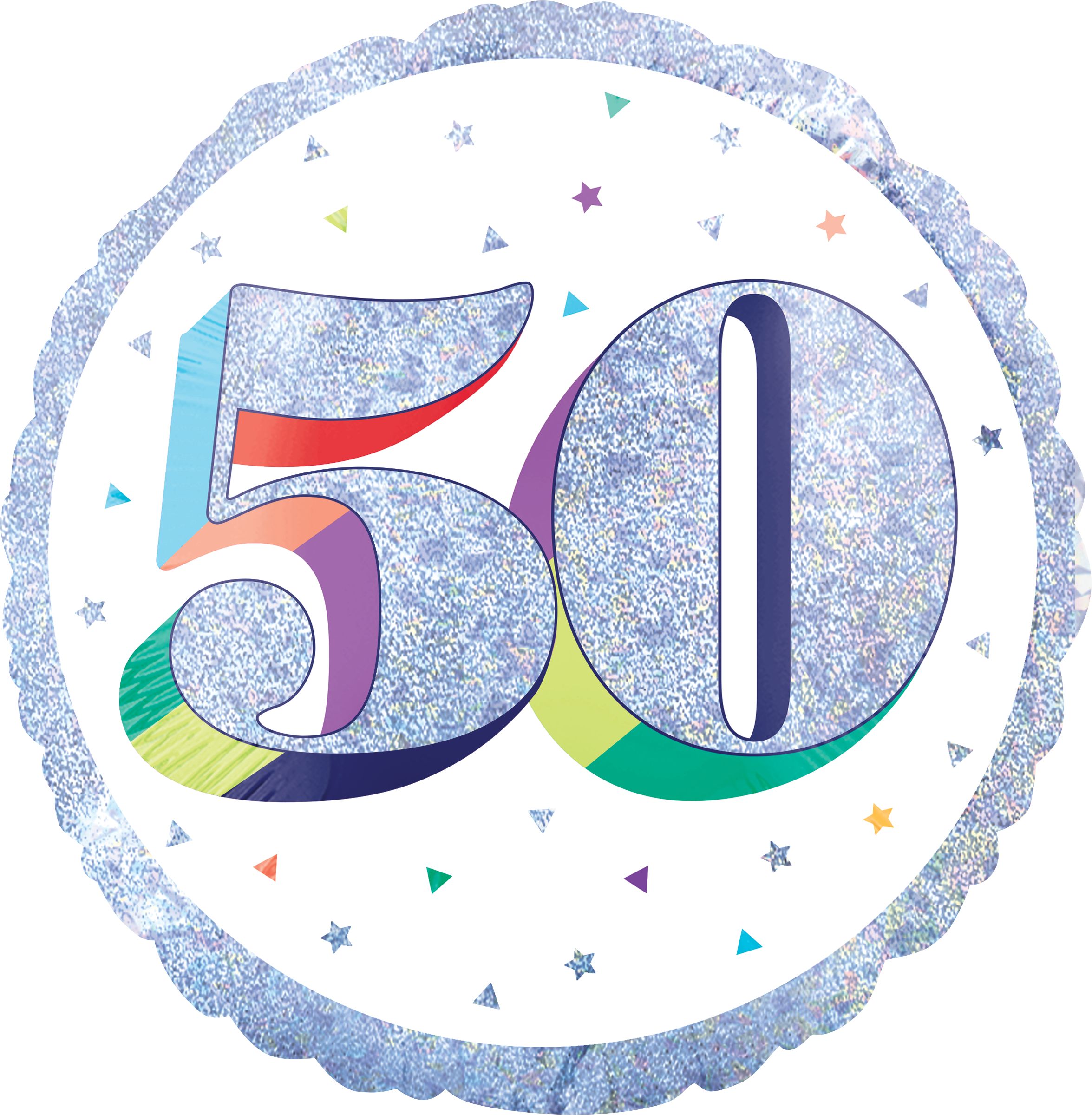 Prismatic Rainbow "50" Round Satin Foil Balloon, White/Silver, 18-in, Helium Inflation & Ribbon Included for Birthday Party Front_Flat