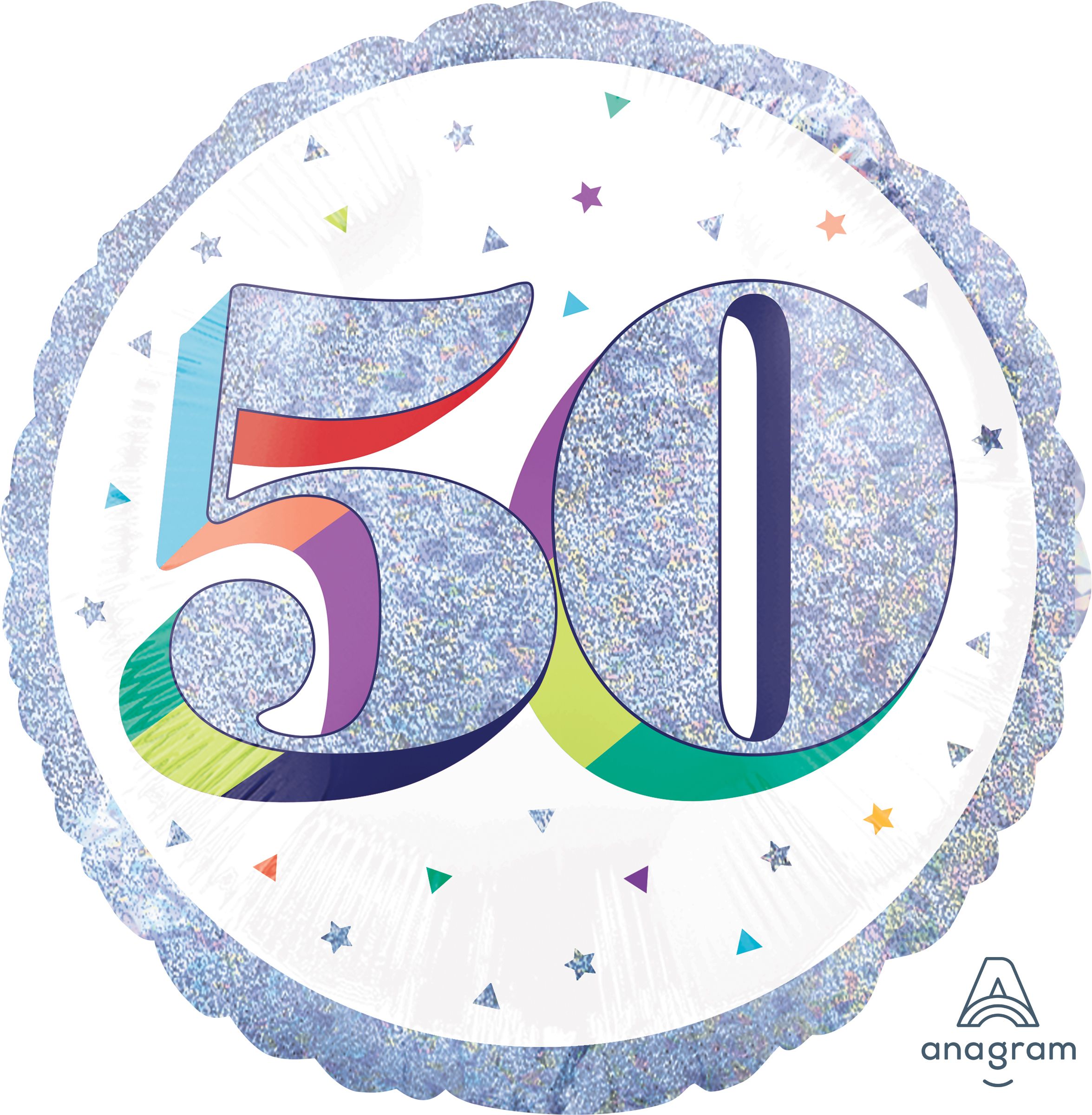 Prismatic Rainbow "50" Round Satin Foil Balloon, White/Silver, 18-in, Helium Inflation & Ribbon Included for Birthday Party Front_Flat