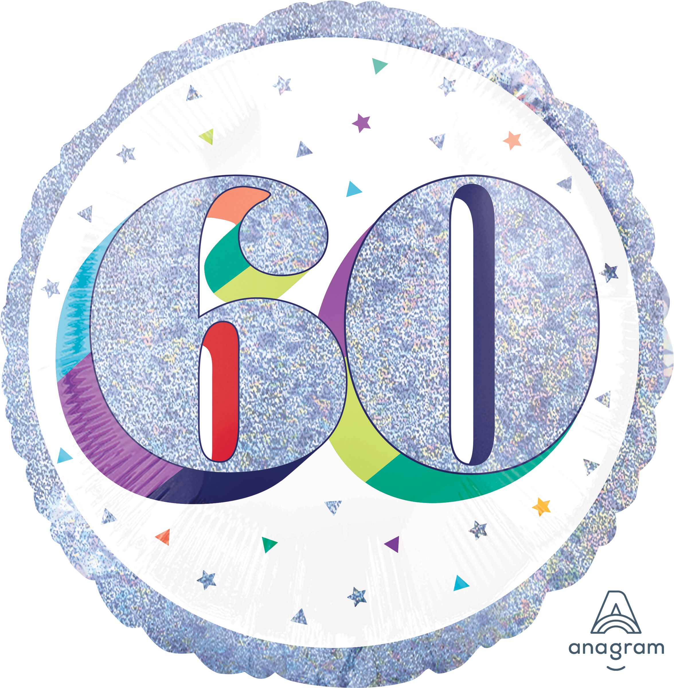 Prismatic Rainbow "60" Round Satin Foil Balloon, White/Silver, 18-in, Helium Inflation & Ribbon Included for Birthday Party Front_Flat