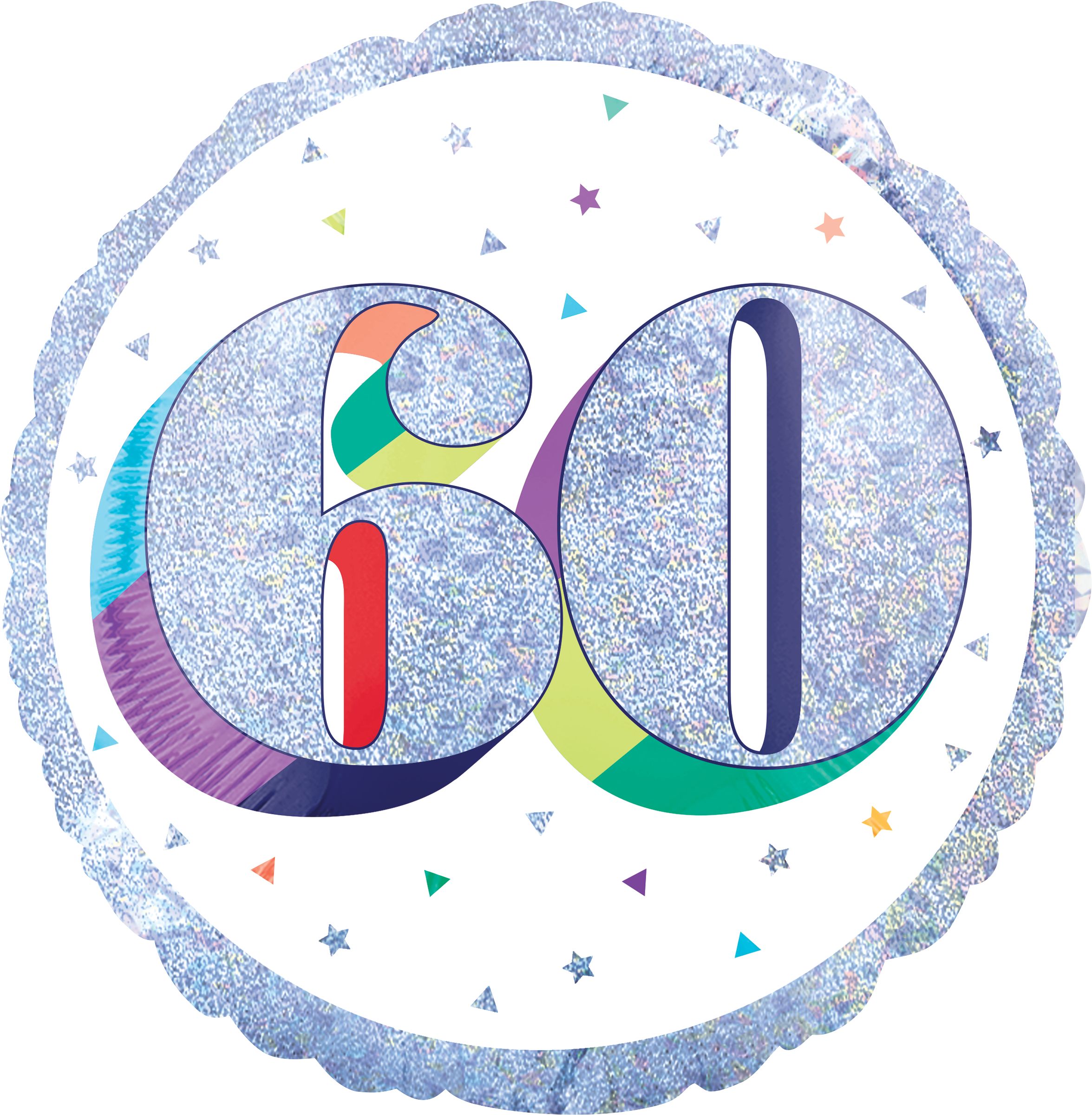 Prismatic Rainbow "60" Round Satin Foil Balloon, White/Silver, 18-in, Helium Inflation & Ribbon Included for Birthday Party Front_Flat
