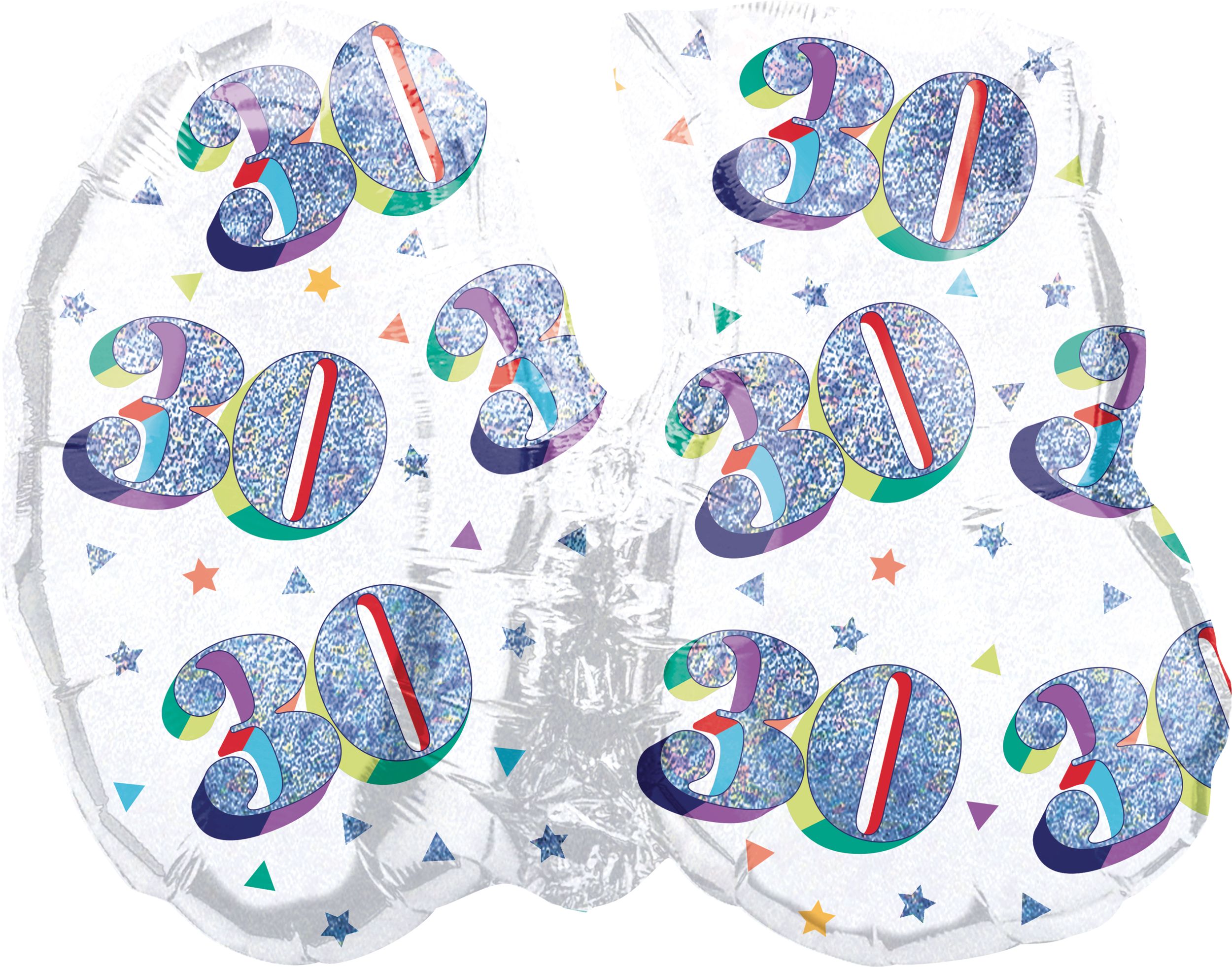 Prismatic Rainbow "30" Round Satin Foil Balloon, White/Silver, 26-in, Helium Inflation & Ribbon Included for Birthday Party Back_Flat