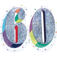 Prismatic Rainbow "60" Round Satin Foil Balloon, White/Silver, 26-in, Helium Inflation & Ribbon Included for Birthday Party