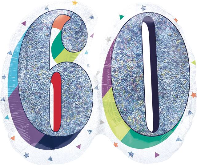 Prismatic Rainbow "60" Round Satin Foil Balloon, White/Silver, 26-in, Helium Inflation & Ribbon Included for Birthday Party Front_Flat