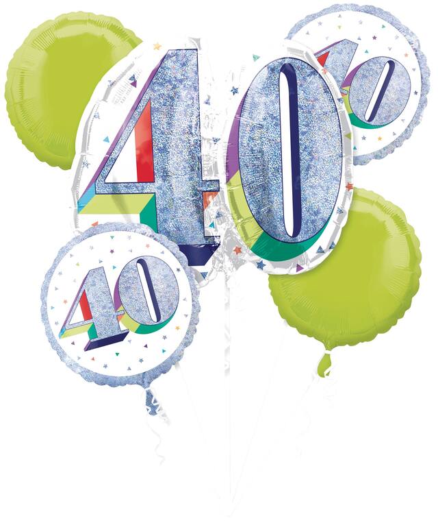 Prismatic Rainbow "40" Round Satin Foil Balloon Bouquet, Silver/Green, 5-pk, Helium Inflation & Ribbon Included for Birthday Party Front_Flat
