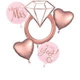 "Future Mrs" Diamond Ring/Heart Satin Foil Balloon Bouquet, Rose Gold/Pink, 5-pk, Helium Inflation & Ribbon Included for Engagement/Bridal Shower Front_Flat