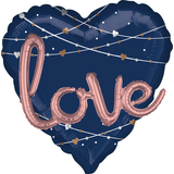 Ballon en aluminium satiné coeur 3D Love, bleu marine/or rose, 36 po, gonflement à l'hélium et ruban inclus, pour anniversaire/mariage/fiançailles Front_Flat