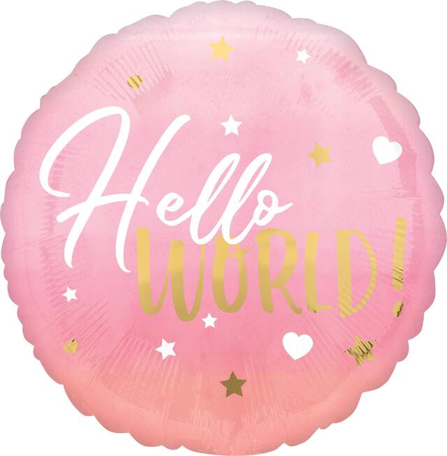 "Hello World" Round Satin Foil Balloon, Pink, 17-in, Helium Inflation & Ribbon Included for Baby Shower Front_Flat