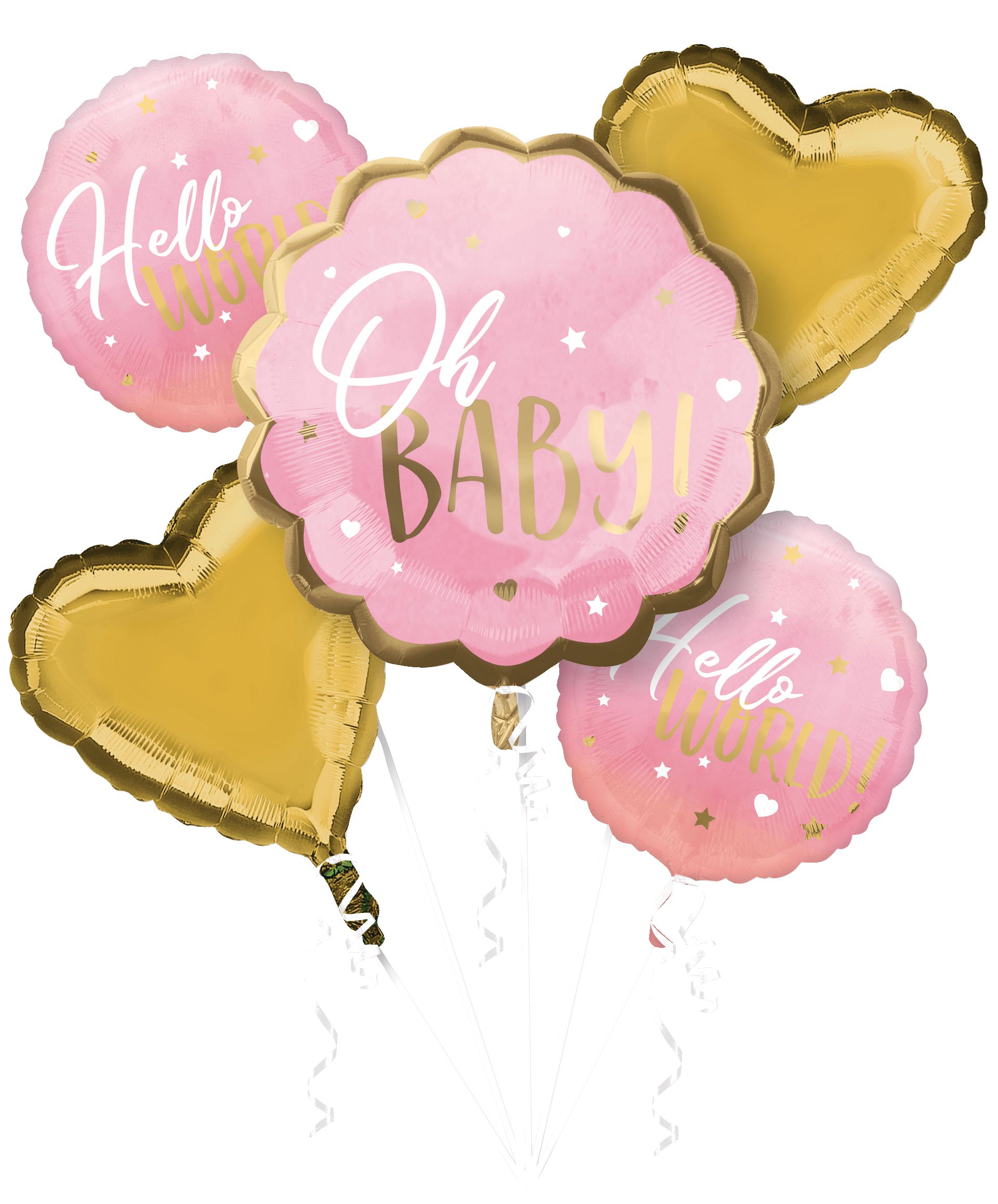 "Oh Baby" Heart/Round  Satin Foil Balloon Bouquet, Pink/Gold, 5-pk, Helium Inflation & Ribbon Included for Baby Shower Front_Flat