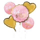 Bouquet de ballons en aluminium satiné coeur/rond Oh Baby, rose/or, paq. 5, gonflement à l'hélium et ruban inclus, pour fête prénatale Front_Flat