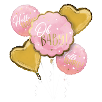"Oh Baby" Heart/Round  Satin Foil Balloon Bouquet, Pink/Gold, 5-pk, Helium Inflation & Ribbon Included for Baby Shower Front_Flat