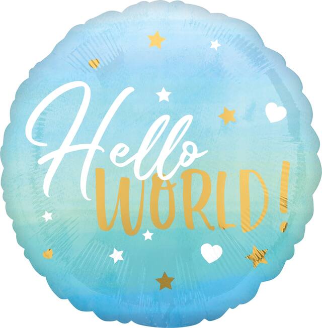 "Hello World" Round Satin Foil Balloon, Blue, 17-in, Helium Inflation & Ribbon Included for Baby Shower Front_Flat