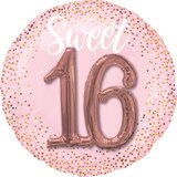 "Sweet 16" 3D Round Satin Foil Balloon, Rose Gold/Pink, Polka Dot, 28-in, Helium Inflation & Ribbon Included for Birthday Party Front_Flat