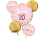 "Sweet Sixteen" Round Satin Foil Balloon Bouquet, Pink/Gold, Polka Dot, 5-pk, Helium Inflation & Ribbon Included for Birthday Party Front_Flat