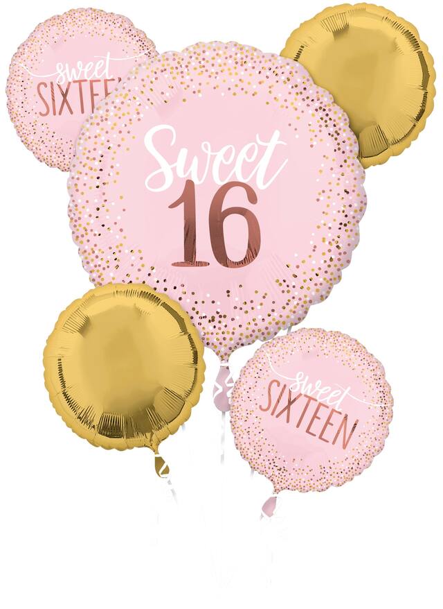 "Sweet Sixteen" Round Satin Foil Balloon Bouquet, Pink/Gold, Polka Dot, 5-pk, Helium Inflation & Ribbon Included for Birthday Party Front_Flat