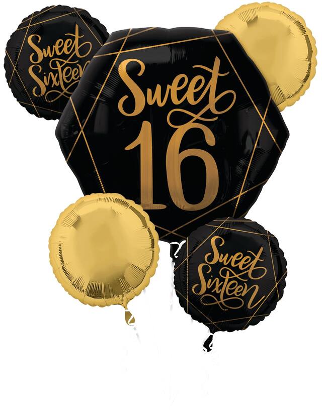 Sweet 16 Birthday Foil Balloon Bouquet, Helium Inflation Included, Black/Gold, 5-pc Front_Flat