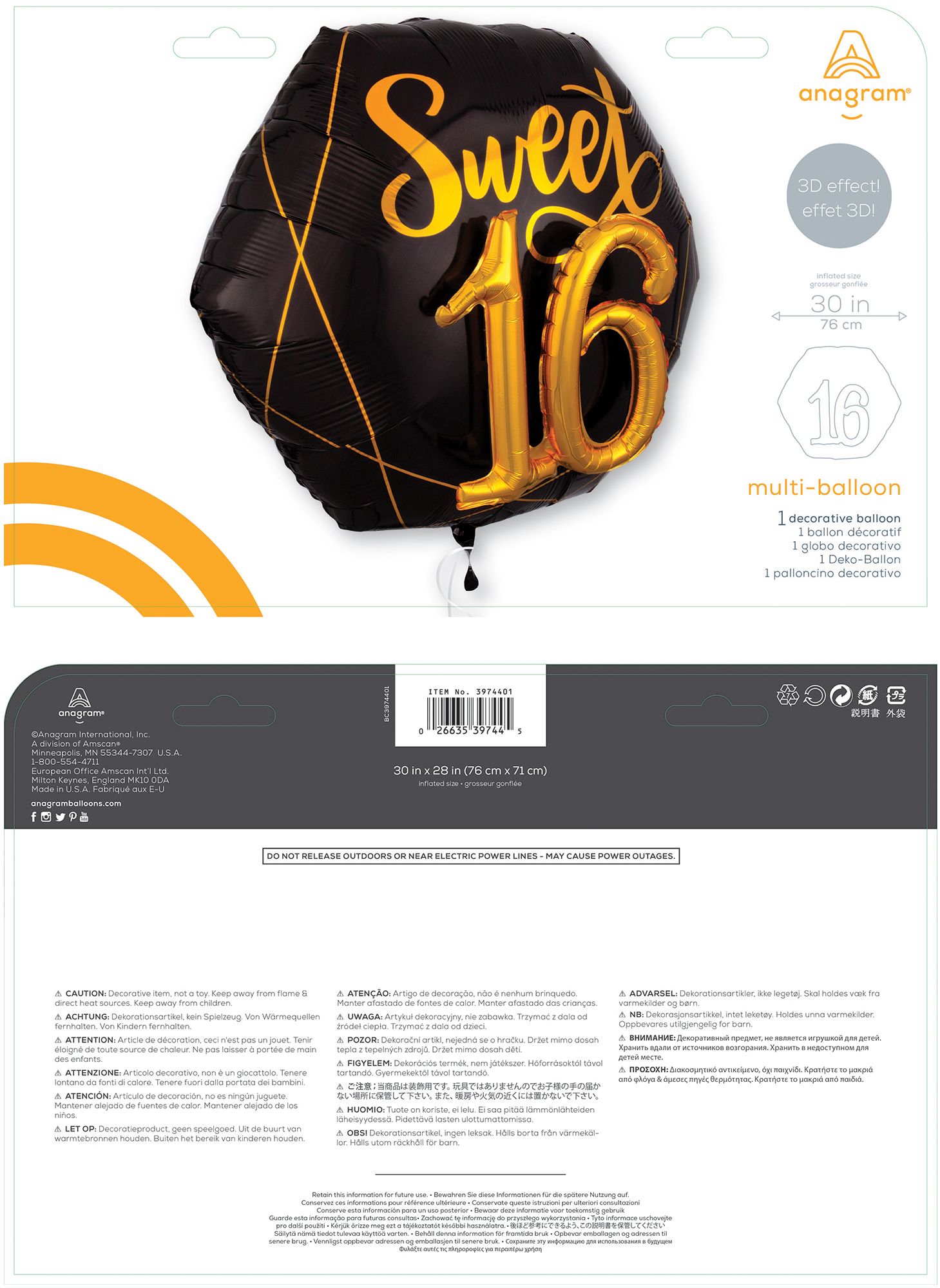 "Sweet 16" 3D Octagon Satin Foil Balloon, Black/Gold, 30-in, Helium Inflation & Ribbon Included for Birthday Party Composite_or_Mixed