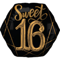 "Sweet 16" 3D Octagon Satin Foil Balloon, Black/Gold, 30-in, Helium Inflation & Ribbon Included for Birthday Party Front_Flat